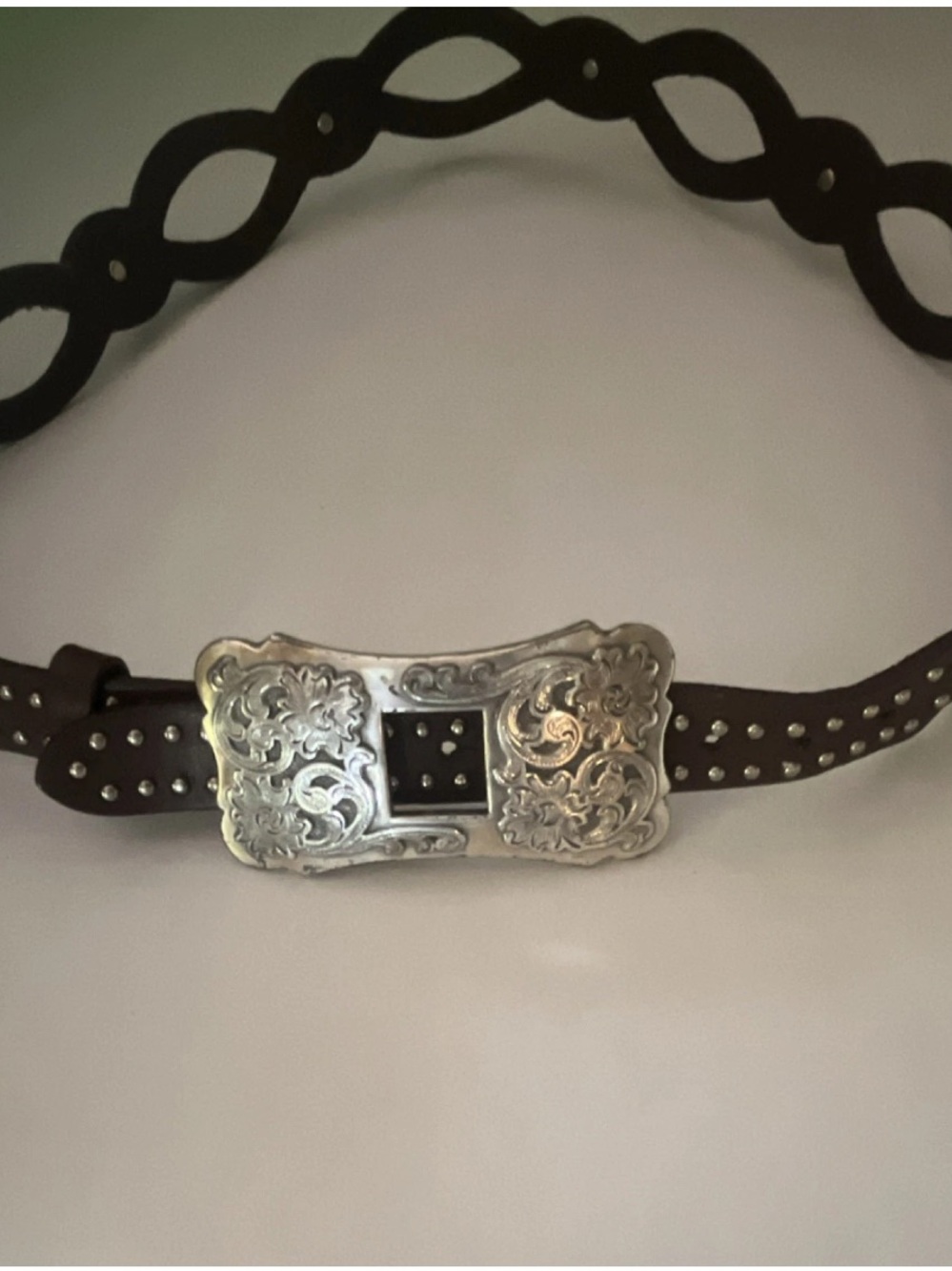 Women’s Adjustable Leather Belt with Silver Buckle and Conchos; Leather 40” long